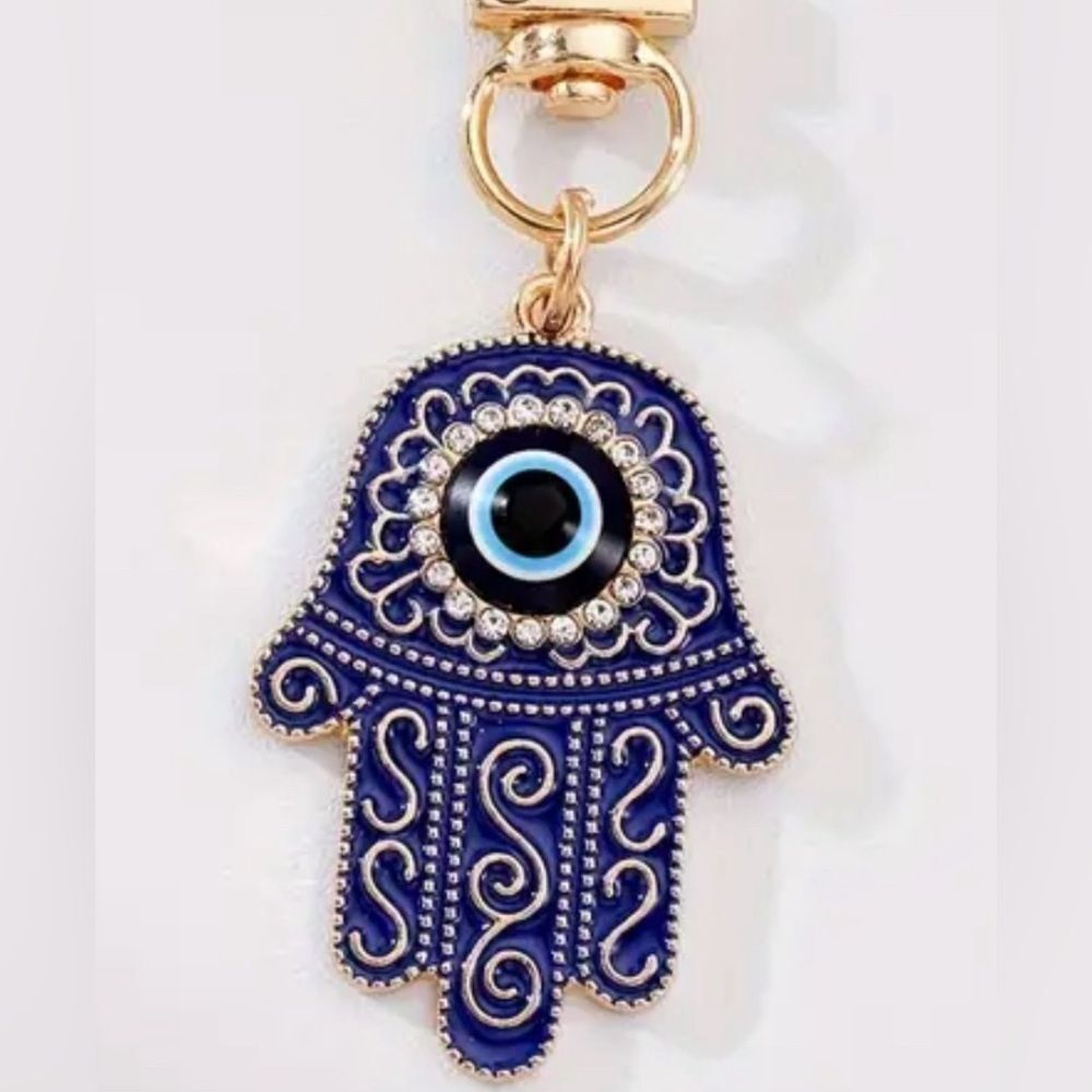 BAG CHARM Evil Eye Decor Gold Tone Blue Hamsa Charm NIP